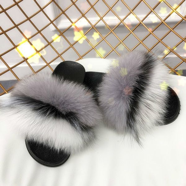 

grey infant baby fox fur slides sandals slippers, Black