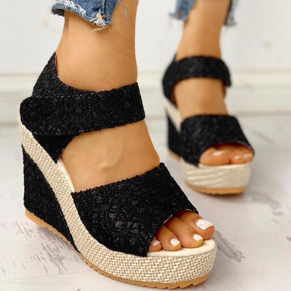 

lace leisure women wedges heels women shoes 2020 summer sandals hook&loop platform high heels shoes woman, Black