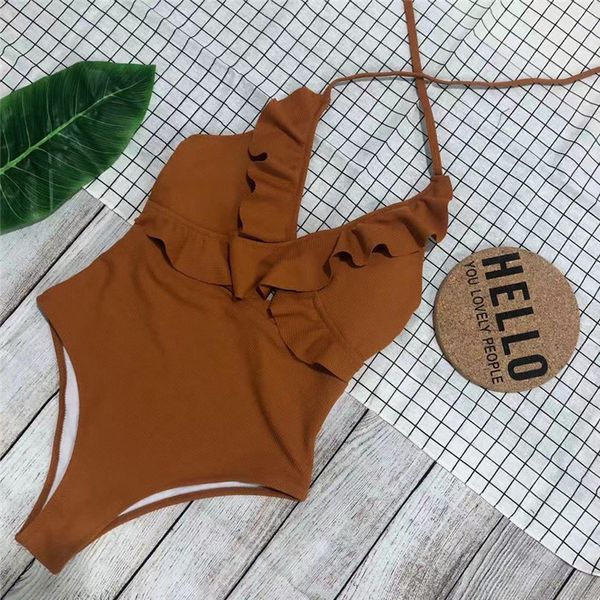 

2020 swimming suit pink ruffles skinny bikini solid beach bathing suit women swimwear drop shipping, White;black