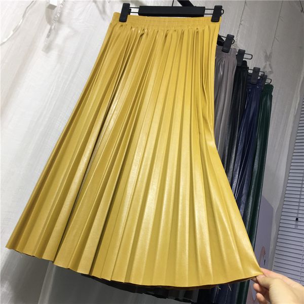 

new women pu leather pleated skirt half-length retro high-waisted slim organ leather skirt pleated long female, Black
