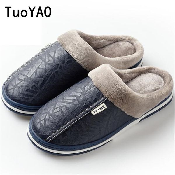 

2020 men's slippers winter leather thick with plush home waterproof flats warm indoor shoes non-slip slippers lovers fur shoes, Black