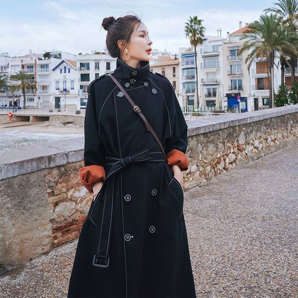 

black hepburn windbreaker women's mid-length 2020 autumn windbreaker coat new korean style loose british style trendy coat, Tan;black