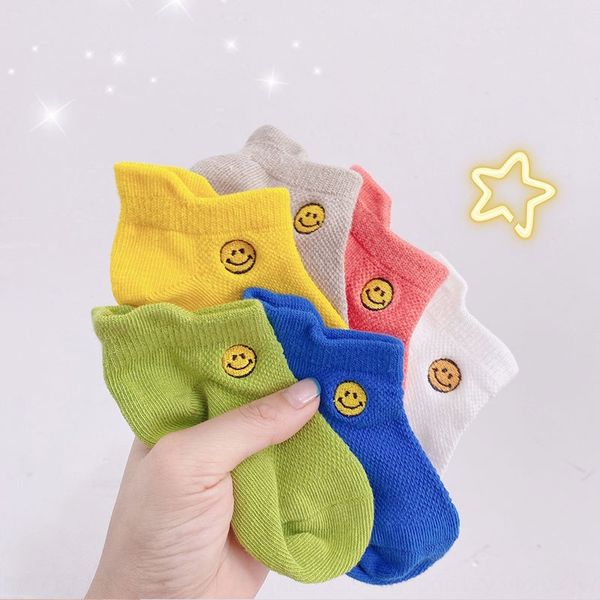 

ins new children's cotton cartoon smiling children's face embroidery baby boat socks baby socks, Pink;yellow
