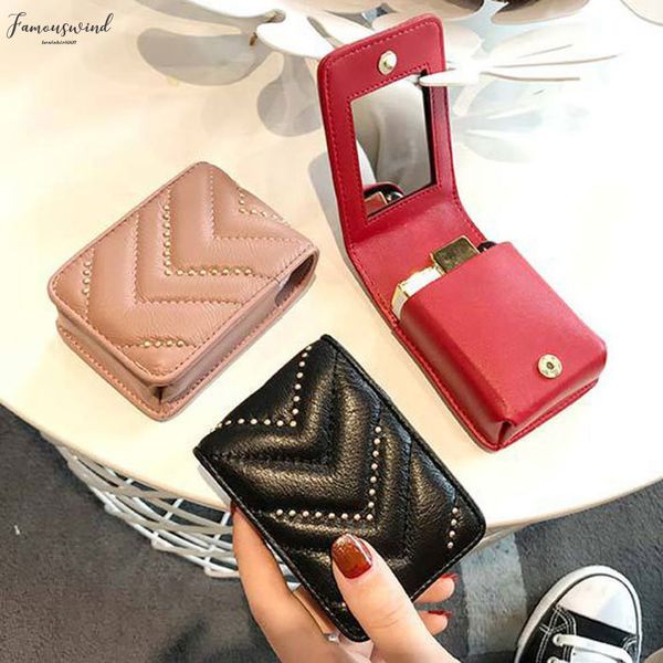 

women genuine leather lipstick makeup bag v wave pattern ladies portable mirror case lambskin designer make up handbag