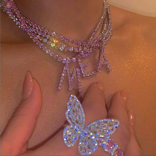 

pink letter rock hip hop bling jewelry iced out cz alphabet pendant cz name tennis chain initial necklace 2020 new style, Silver