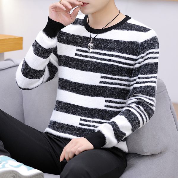

2020 новая зима толстые полосатый мужчины свитер верхнего качества мужские свитера рождество мужской кашемир трикотаж handsome мужские пулов, White;black