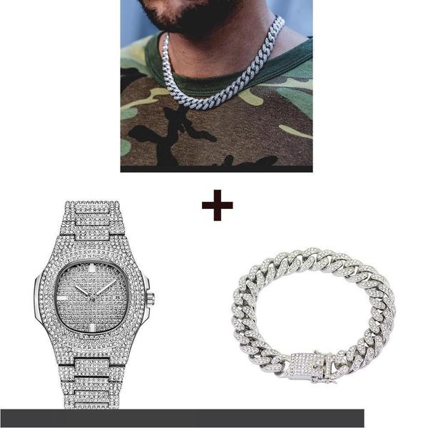 

silver necklace+watch+bracelet 3set hip hop miami curb cuban chain bling iced out paved rhinestones cz rapper for men jewelry