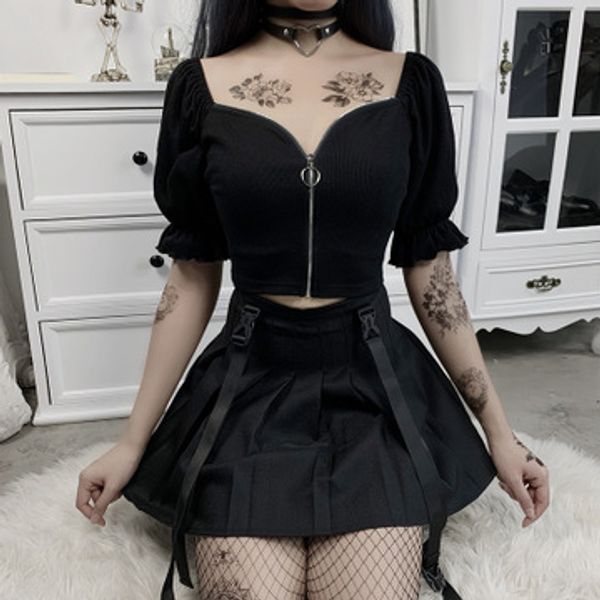 

ruibbit gothic girls black short sleeve summer t-shirt women v collar zipper slim crop punk women pullover shirts, White