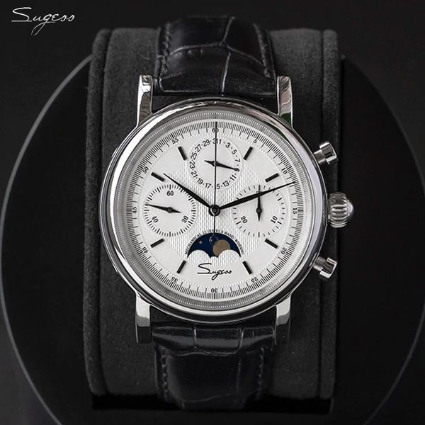 

seagull movement st1908 sugess men mechanical calendar watch chronograph vintage moonphase wristwatch waterproof, Slivery;brown