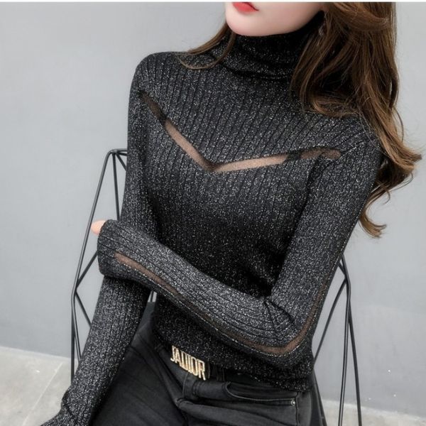 

etulo turtleneck sweater women's long-sleeved slim perspective mesh stitching knitted bright silk sweater shirt base shirt tren, White;black