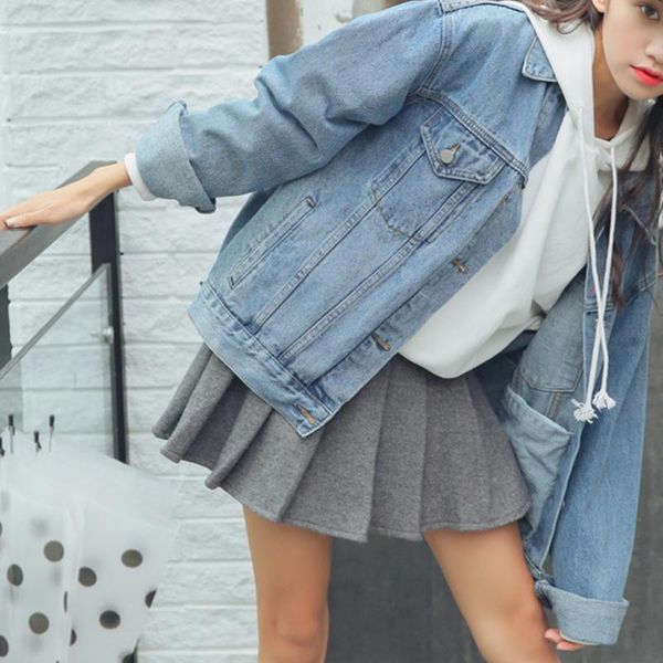 

button down casual students long sleeve outwear loose denim jacket daily light blue fashion autumn winter solid oversized, Black;brown