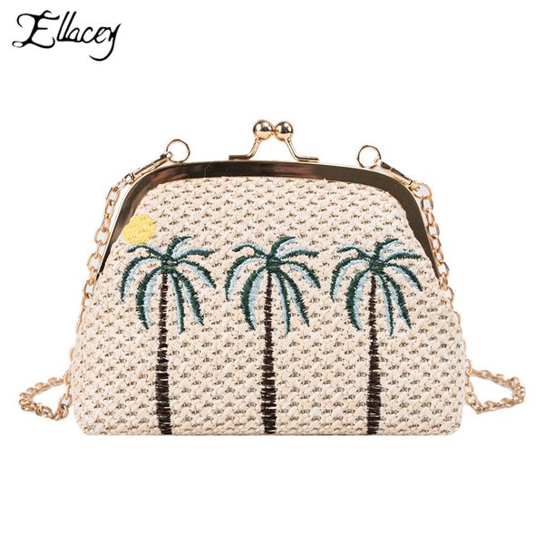 

new summer hand made rattan bag shoulder bag women embroidery leaf tree pineapple pattern beach straw ladies hand bags