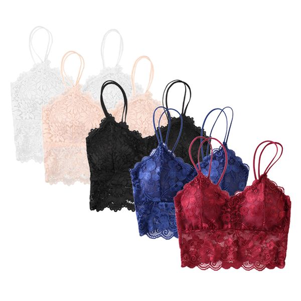 

5pcs ladies floral lace padded bralette spaghetti strap lace bra set, Red;black