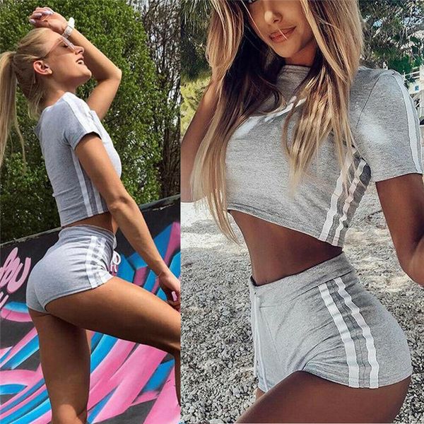 

fashion women's two pieces gray tracksuit jogging gym sports striped workout tracksuit ladies blue summer clothes set new