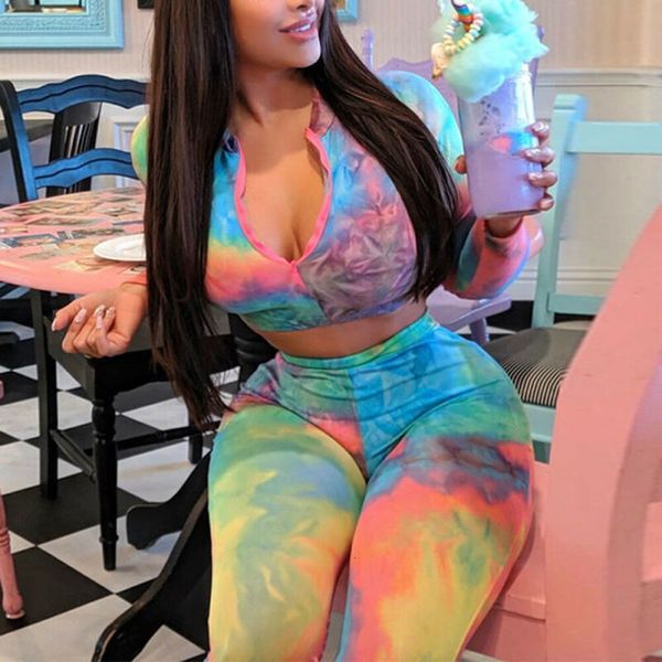 

2019 fashion women tie dye sets long sleeve zipper crop high waist pants bodycon 2pcs party lady clothes shirt+pencil pants, Gray