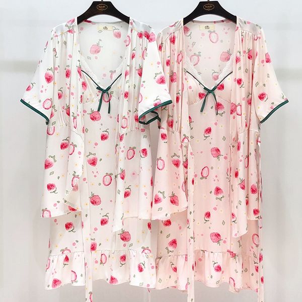 

8hllv blue shellfish suspender sling pajamasstrawberry pajamasnightdress two-piece suit women's comfortable thin strawberry printed kor, Blue;red