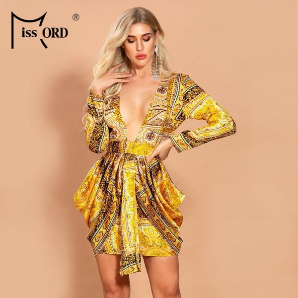 

missord 2020 women deep v long sleeve print dresses female elegant mini long mini dress ft20114, Black;gray