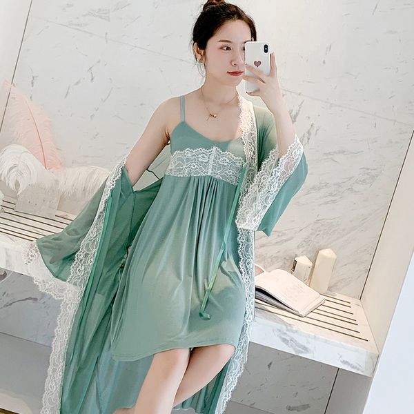 

women green nightwear robe sleep set homewear lace 2pcs sleepwear intimate lingerie summer homewear nightgown nightdress, Black;red