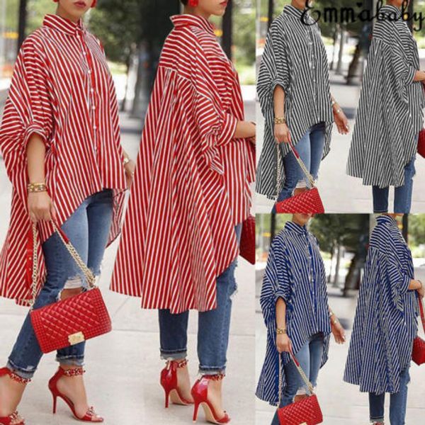 

women fashion blouse loose half sleeve casual blouse shirt strip stylish ladies stripe asymmetric baggy shirts, White