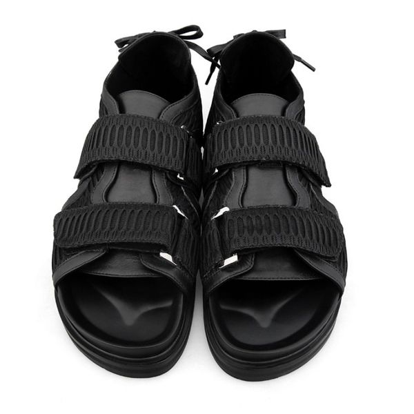 

leather men patchwork genuine mesh fabric platform gladiator sandal fashion mens shoes lace up open toe roman sandals, Black