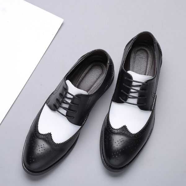 

2020 new british style men's pointed toe men's wedding dress shoes black leather and white formal shoes for men