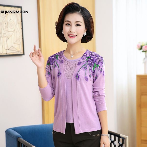 

2020 spring summer new middle-aged women's suit set cardigan two-piece suits thin sweater r154, White