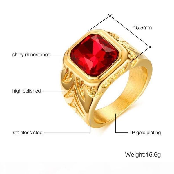 

e mens fire red cubic zirconia crystal rings for men gold tone stainless steel engraving male hip -hop jewelry, Silver