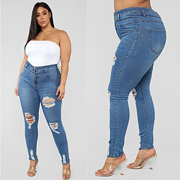 

designer womens jeans 2020 womens high waist ripped plus size jeans women fashion skinny pencil pants womens solid color pants, Blue