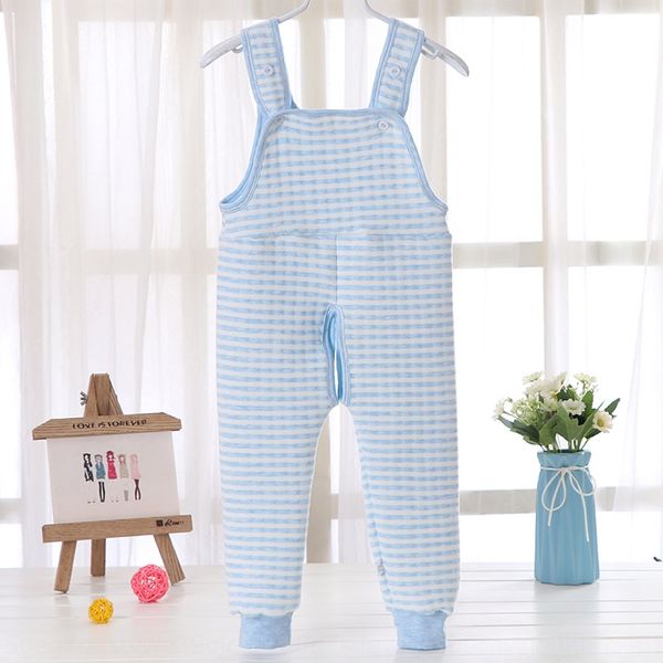 

children's new cotton thickened three-layer warm sleeping pants boys' and girls' color cotton straps open-gear belly warm pan, Blue