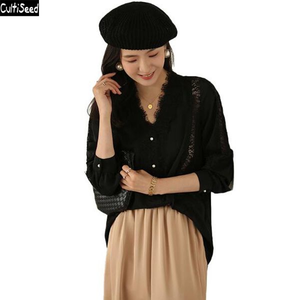 

cultiseed women v neck perspective lace shirts blouses female new autumn elegant office work party shirts long sleeve, White