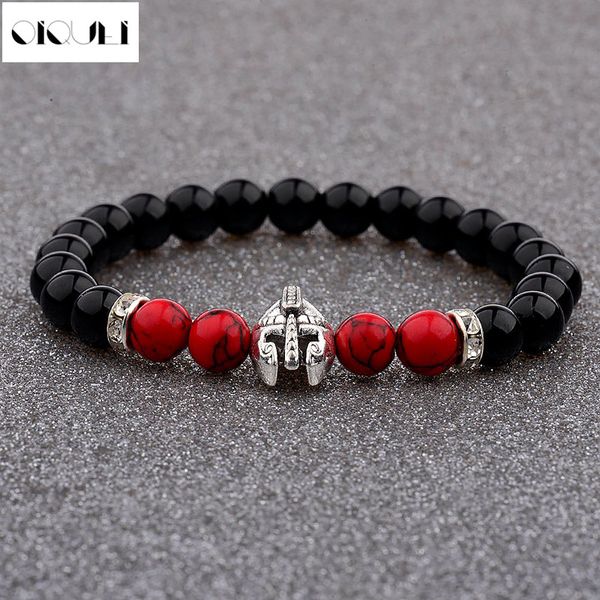 

oiquei fashion energy yoga bracelets for women men black lava stone sliver color spartan helmet beaded bracelet charm bangles