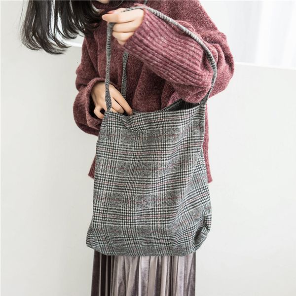 

women wool tote vintage plaid canvas shoulder bag female woolen cloth handbag simple shopping bag foldable soft grocery bags