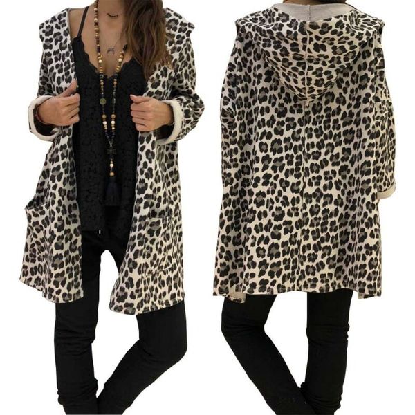 

fashion au womens leopard fit hooded long coat jacket ladies all mathing autumn winter cardigan hoodies outwear, Black