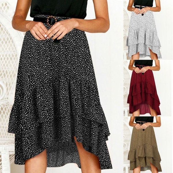 

womens ladies high fashion skirt bohemia casual vintage ruffle wave point summer frill wrap midi skirt jupe femme gh, Black