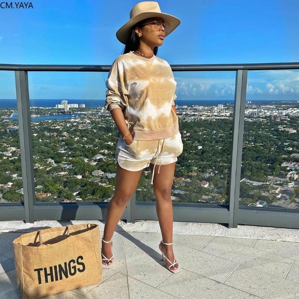 

cm.yaya women tie dye two pieces set tracksuit long sleeve t-shirt short jogger suit sporty fitness night club 2 pcs outfit, White