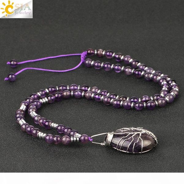 

csja tree of life silver wire wrap water drop necklaces pendant 7 chakra natural stone amethysts necklace for women jewelry s480