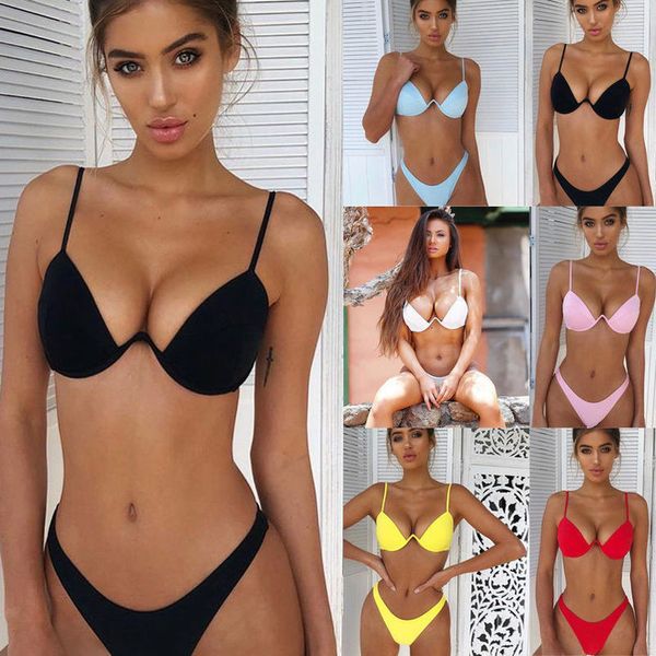 

women fashion padded bra bikini set swimsuit ladies solid bandage push up triangle swimwear floral bathing suits biquini swimwear, White;black