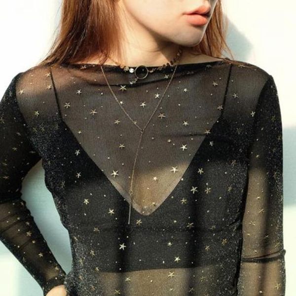 

2020 women new fashion solid see through shiny stars sequin sheer long sleeve mesh slim shirts hot, White