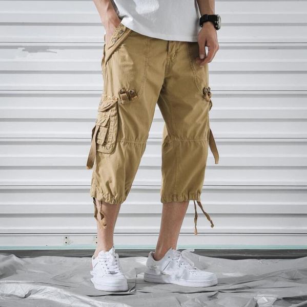 

2020 male shorts multi pocket summer loose breeches khaki grey plus size cropped pant casual cotton black mens cargo shorts w212