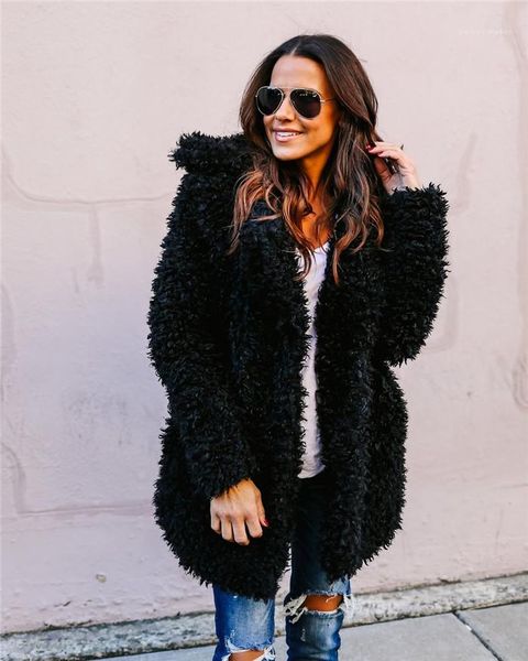 

warm long sleeve coat with covered button famale loose outwear women winter coat lapel neck keep, Black