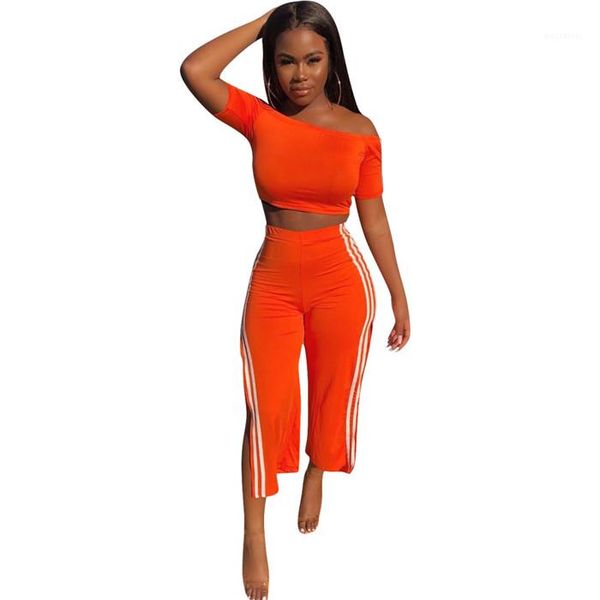 

womens striped panelled 2pcs tracksuits sports slash neck womens 2pcs outfits solid color high slipt straigh pants suits summer, White
