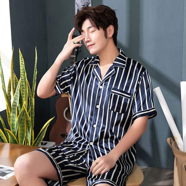 

casual satin 2pcs pajamas suit nightwear summer pyjamas men sleepwear short sleeve shirt&shorts sleep set nightgown home clothes, Black;brown
