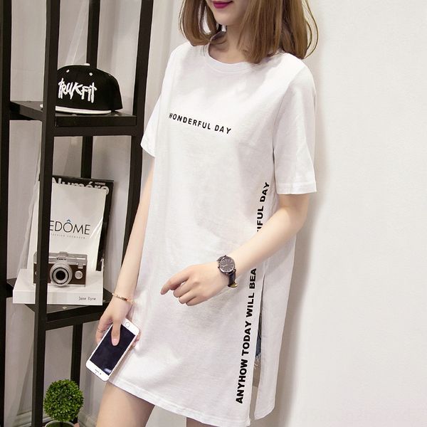 

2019 new mid-length round neck short-sleeved t- t-shirt summer loose all-match letter printing base shirt, White