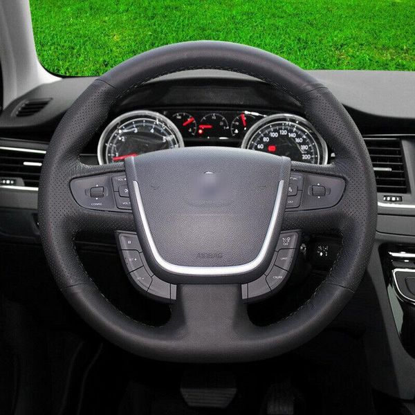

custom-made hand-stitch black leather car steering wheel covers for peugeot 308