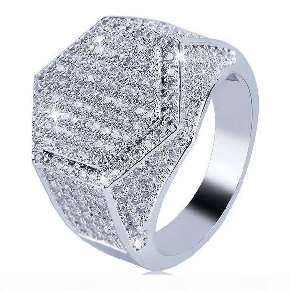 

hip hop geometric hexagon ring copper gold silver color plated iced out micro pave cubic zircon charm ring for men