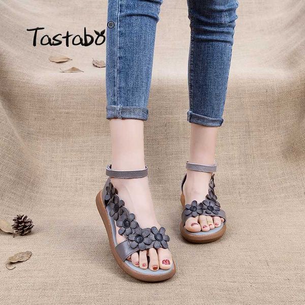 

tastabo genuine leather gladiator sandals 2020 fashion low wedges flower summer shoe ladies platform sandals shoes women, Black