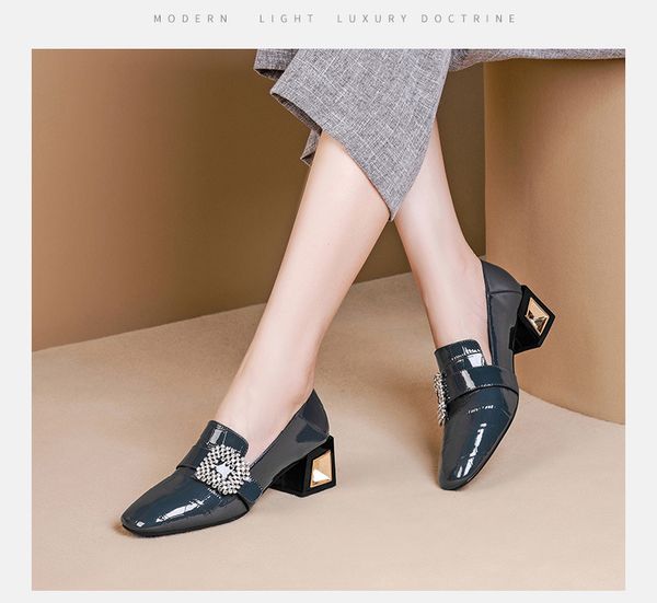 

comfortable, fall 2020) new chunky-heel square deep-mouth thin shoes leather rhinestone side buckle semi-high heeled shoes, Black
