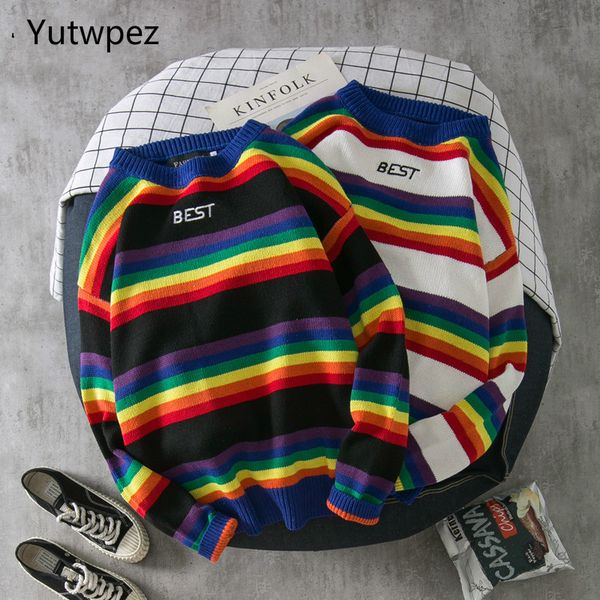 

men's sweaters pullover men korean clothes o-neck casual plus size sweater mens rainbow striped pullovers winter harajuku top, White;black