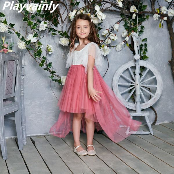 

high low lace flower girl dress 2020 new style gauze flare sleeve princess dresses for wedding party perform kids clothes e17127 t200716, Red;yellow