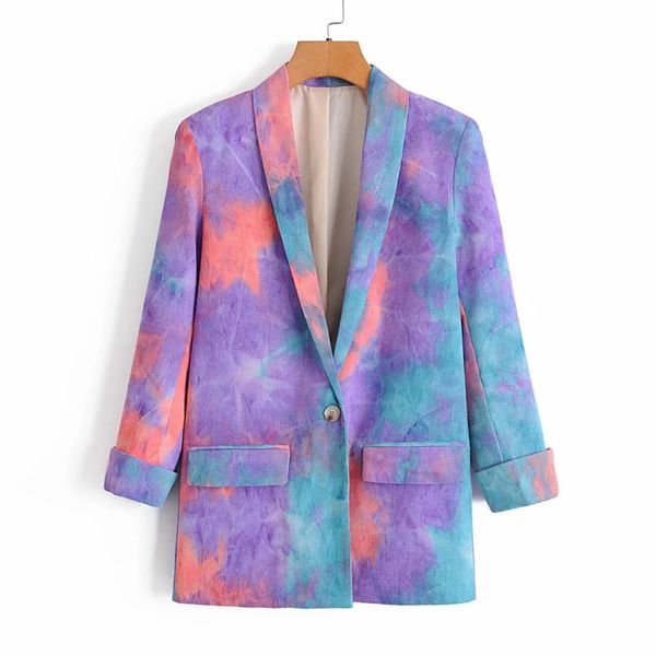

2020 autumn new long sleeve purple tie-dye slim single button blazer women coat k191, White;black
